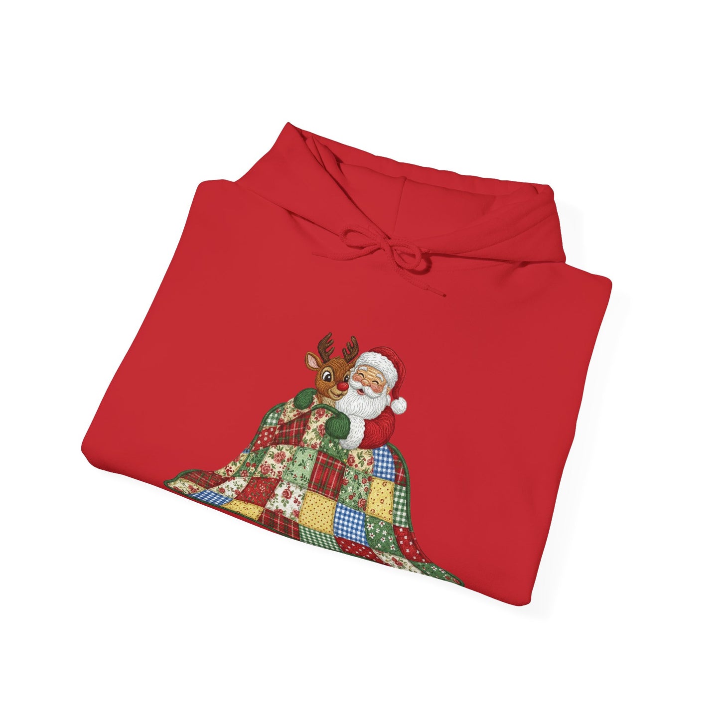 Cozy Santa and Reindeer Hoodie - Vintage Quilt Patchwork Design Sweatshirt