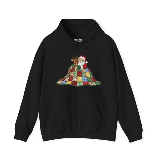 Cozy Santa and Reindeer Hoodie - Vintage Quilt Patchwork Design Sweatshirt