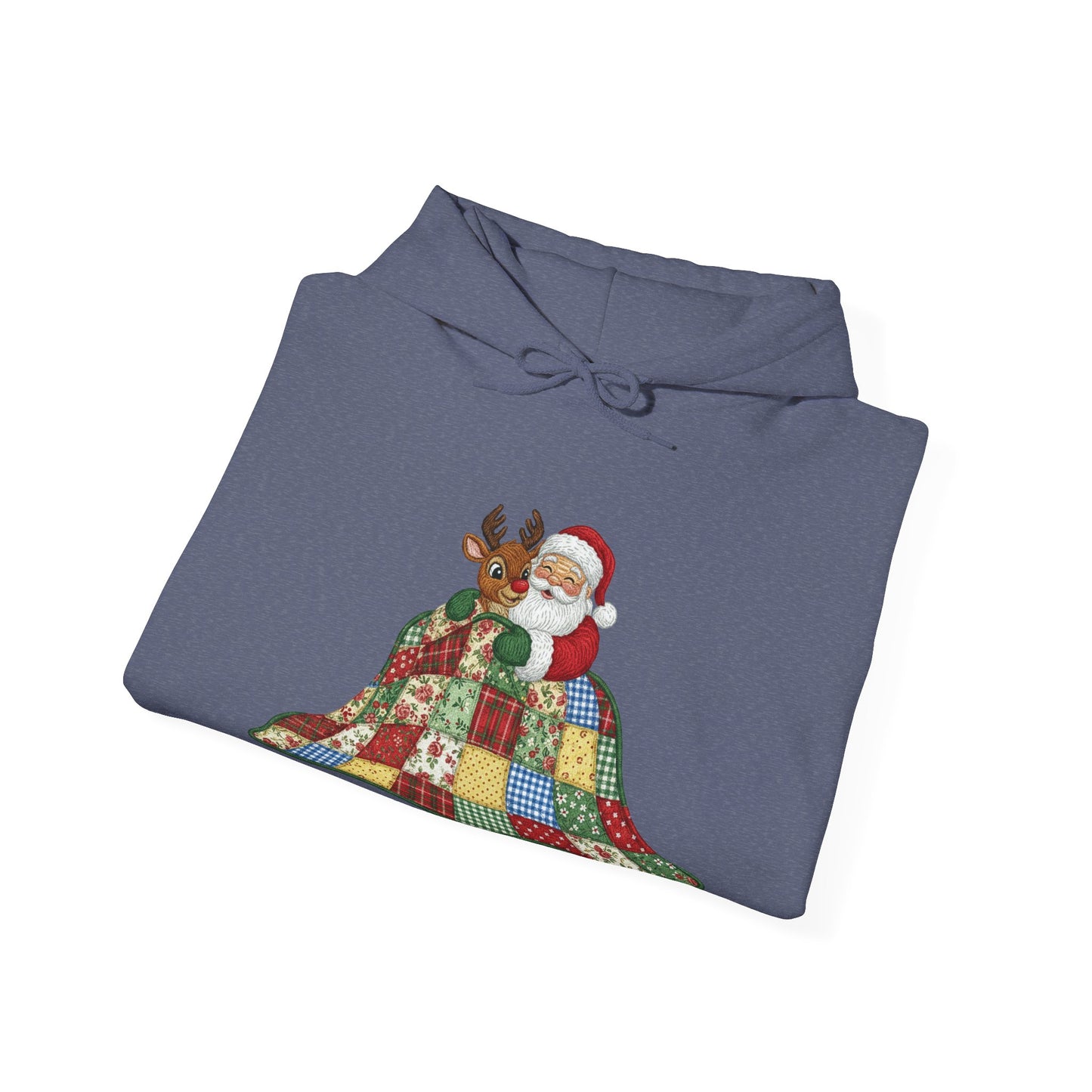 Cozy Santa and Reindeer Hoodie - Vintage Quilt Patchwork Design Sweatshirt