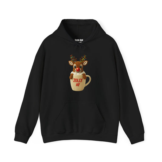 Jolly AF Reindeer Mug Christmas Hoodie | Unique Crochet & Knit Design