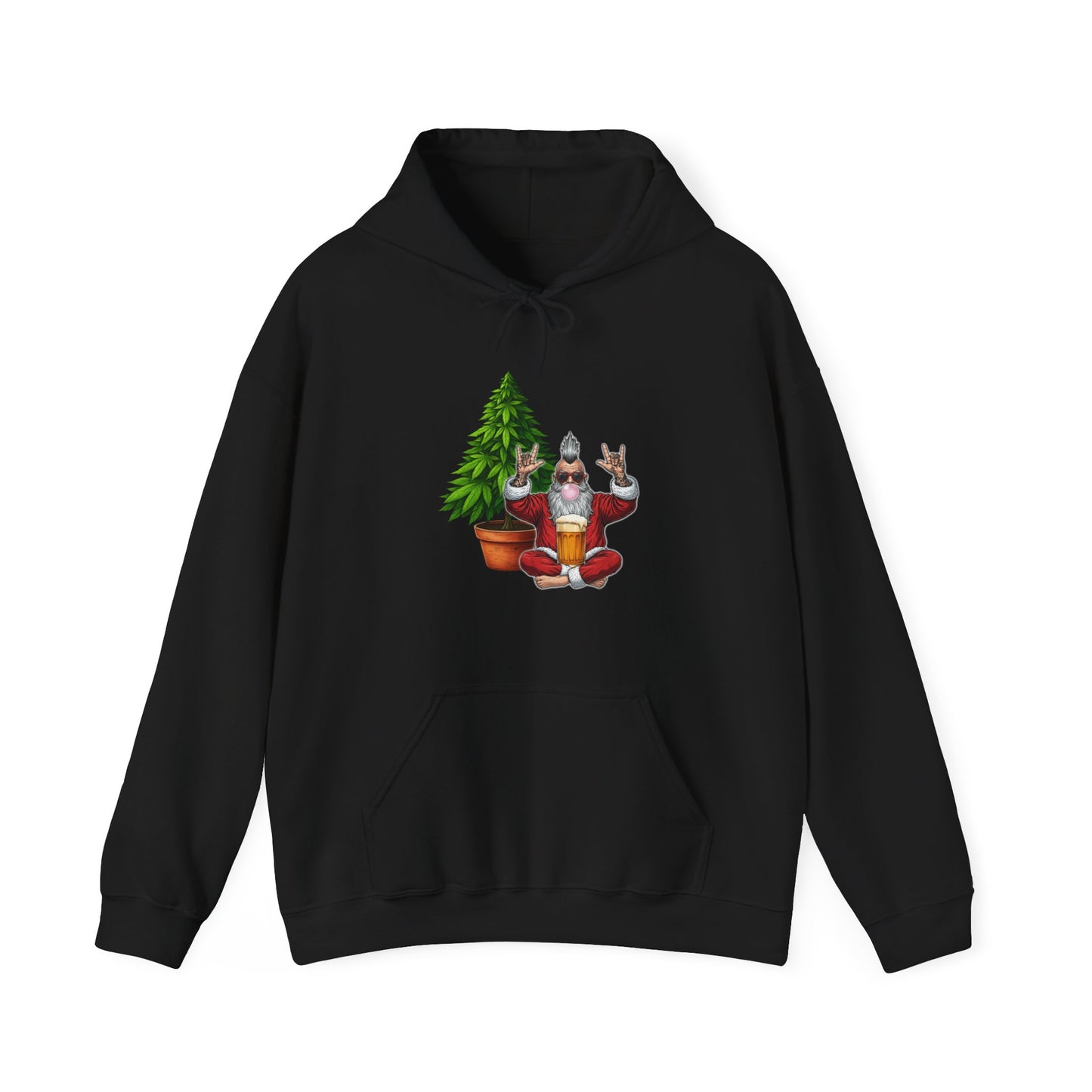 Mohawk Santa 420 Hoodie | Rock & Roll Cannabis Christmas Tree Graphic