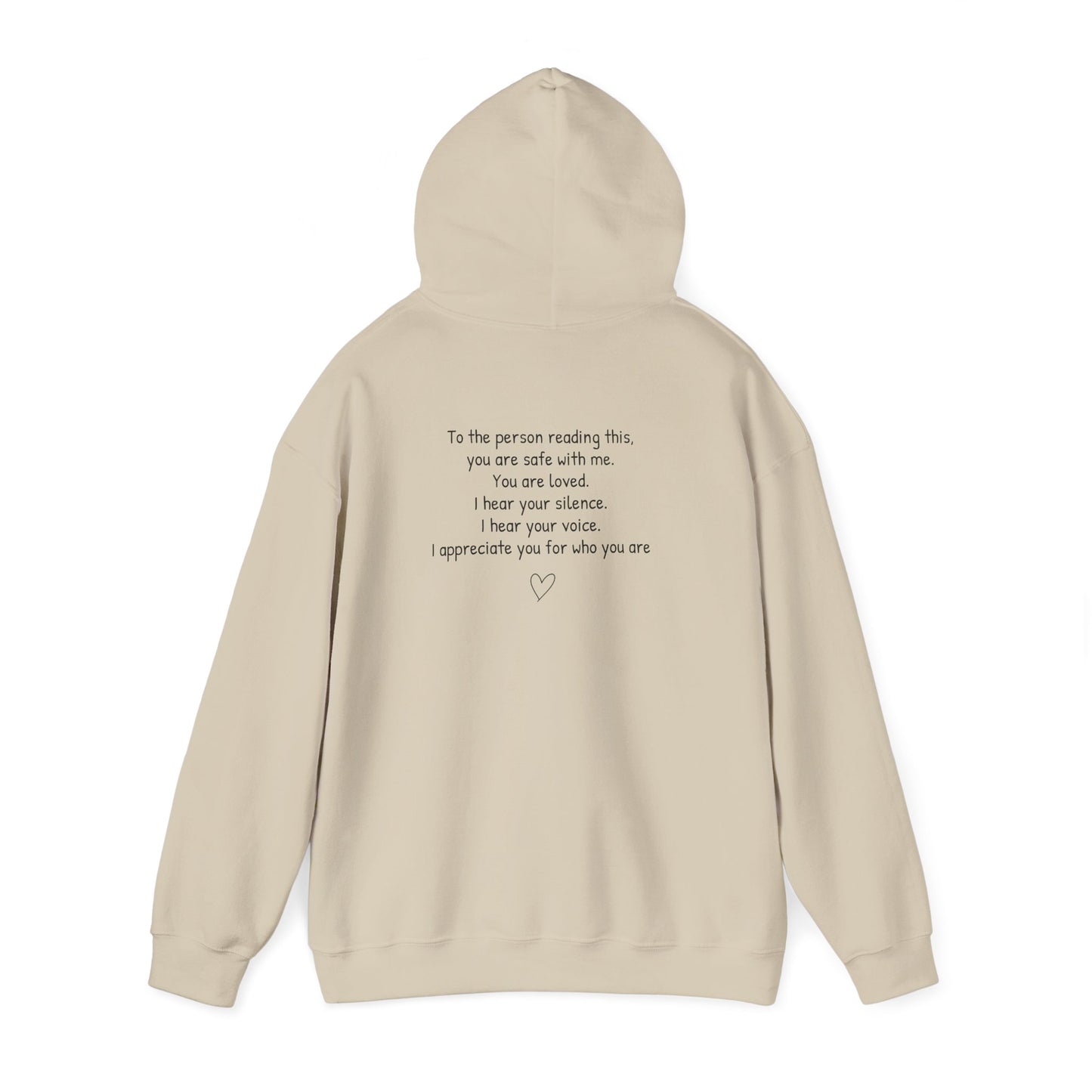 SAFE PLACE Hoodie – “To the person reading this, you are safe with me” Mental Health Sweatshirt