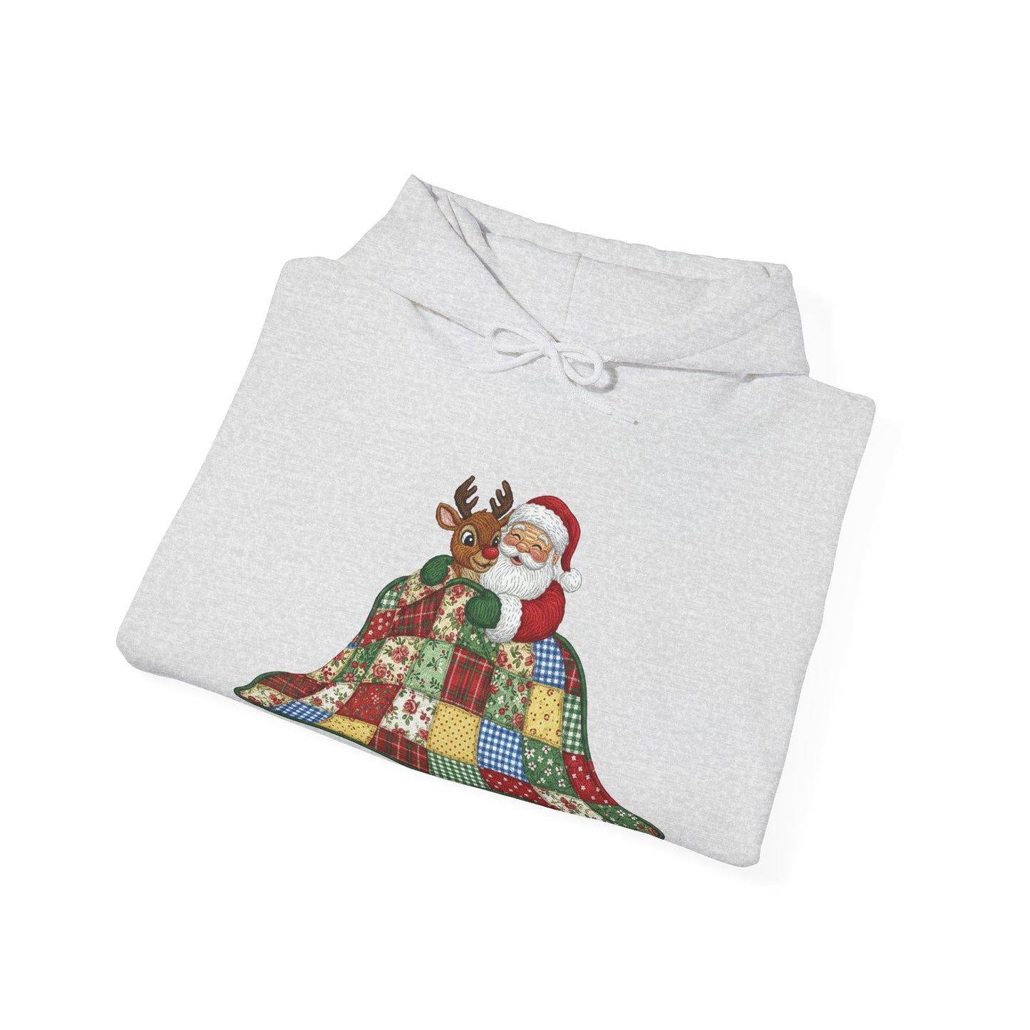 Cozy Santa and Reindeer Hoodie - Vintage Quilt Patchwork Design Sweatshirt
