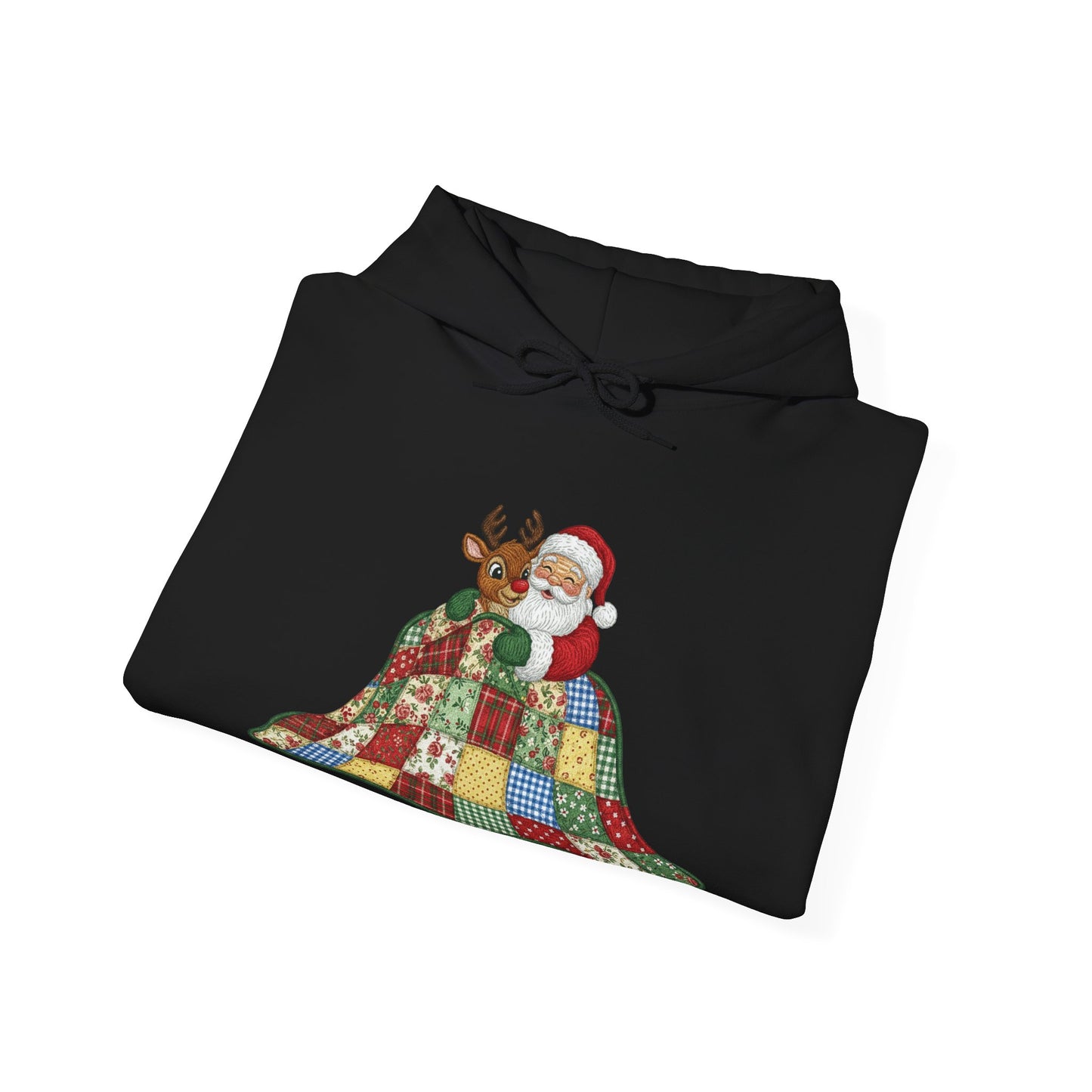 Cozy Santa and Reindeer Hoodie - Vintage Quilt Patchwork Design Sweatshirt