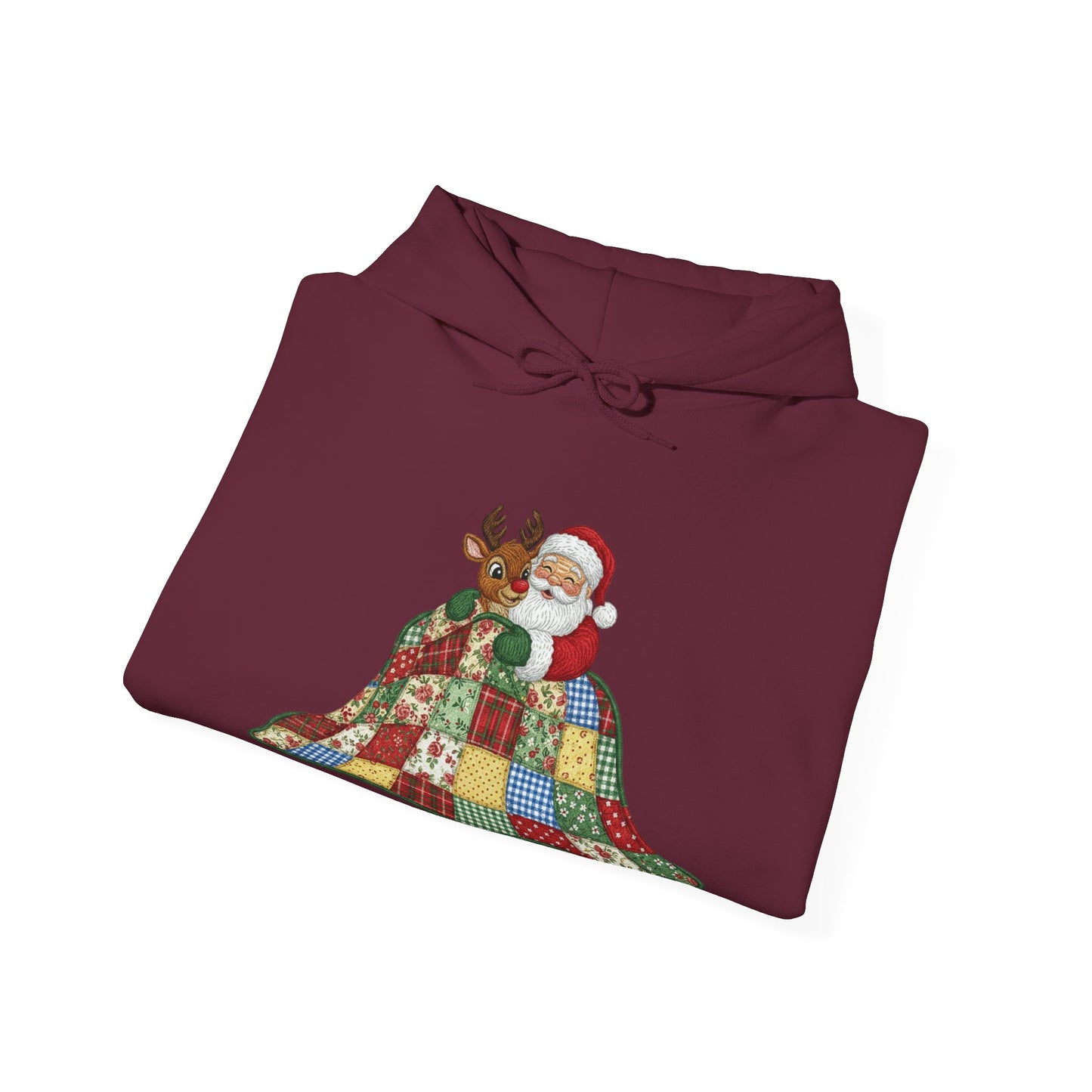 Cozy Santa and Reindeer Hoodie - Vintage Quilt Patchwork Design Sweatshirt