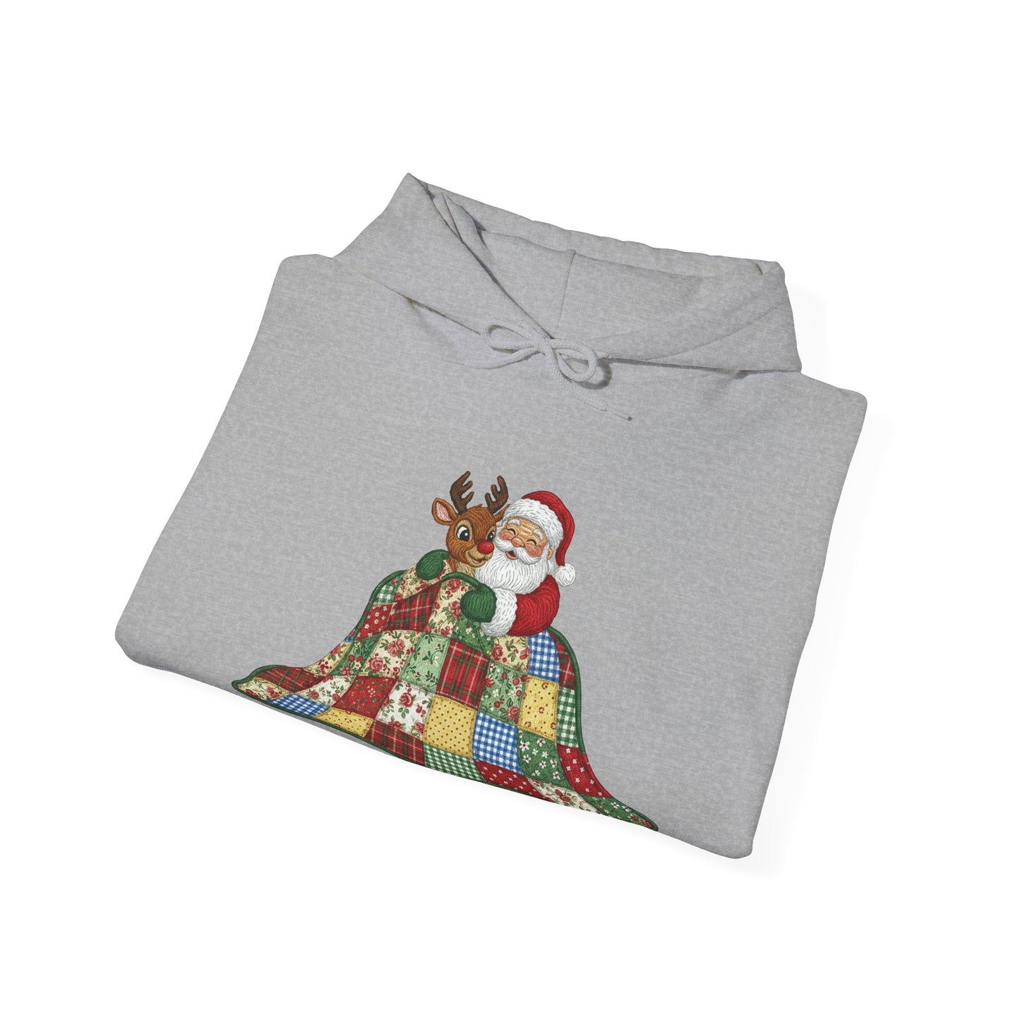 Cozy Santa and Reindeer Hoodie - Vintage Quilt Patchwork Design Sweatshirt