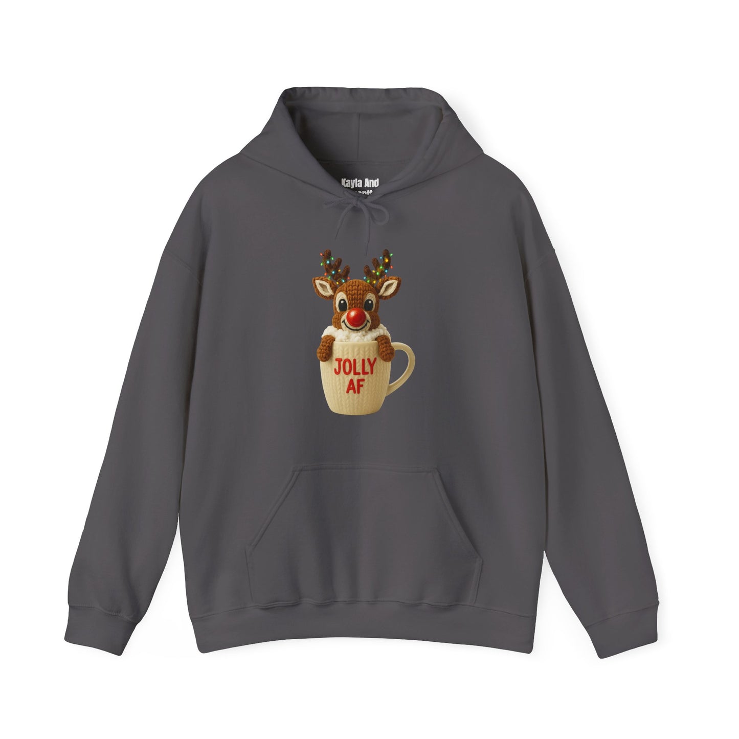 Jolly AF Reindeer Mug Christmas Hoodie | Unique Crochet & Knit Design