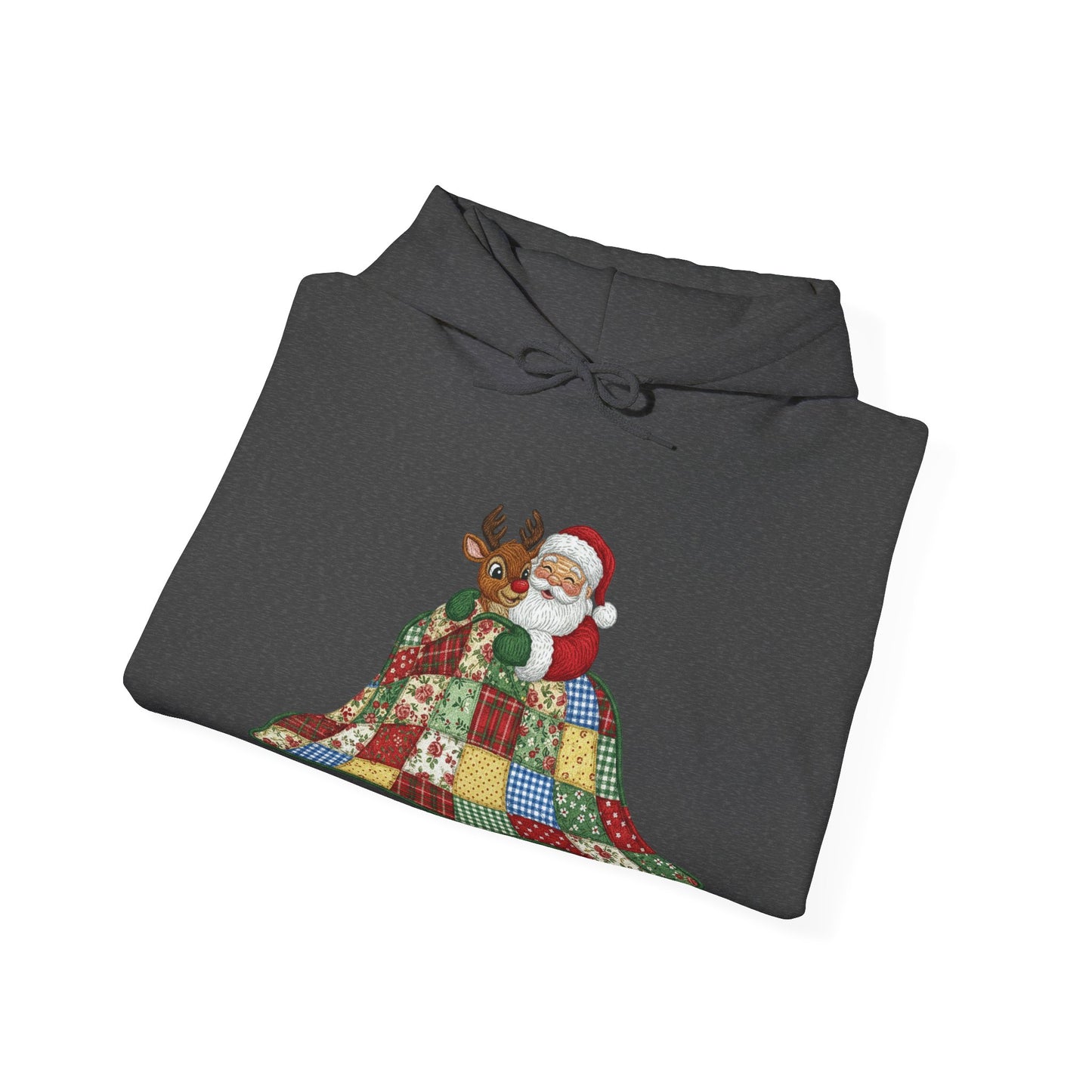Cozy Santa and Reindeer Hoodie - Vintage Quilt Patchwork Design Sweatshirt